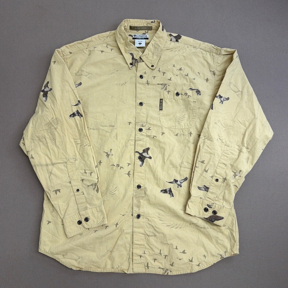 Columbia River Lodge Mens Medium Duck Print Button Down Shirt Tan HM7074 L/S